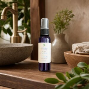 Facial toner spray bottle by sink and plants