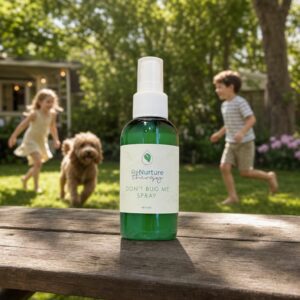 Green 'Don't Bug Me' spray with kids playing